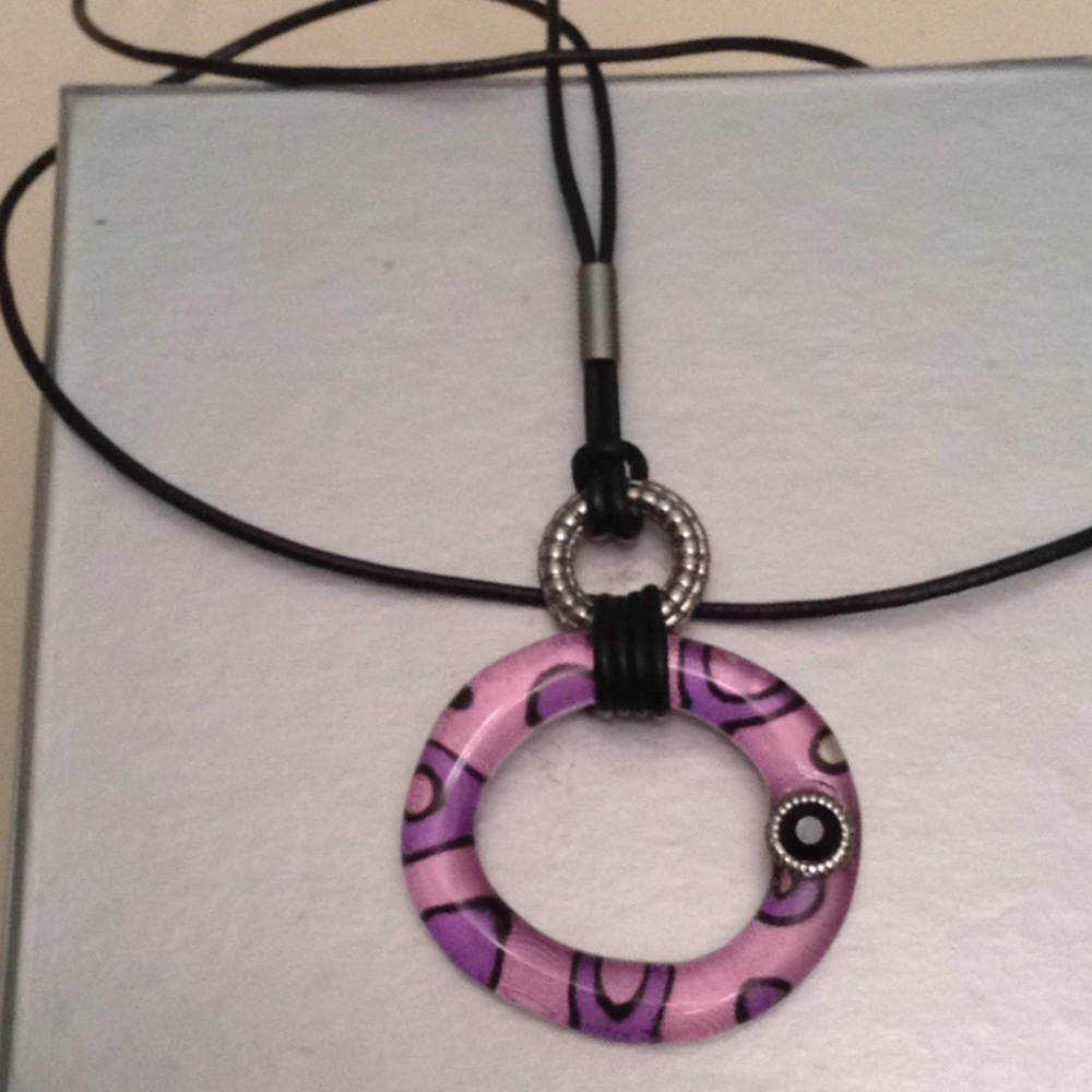 Vintage Artsy celluloid necklace leather rope